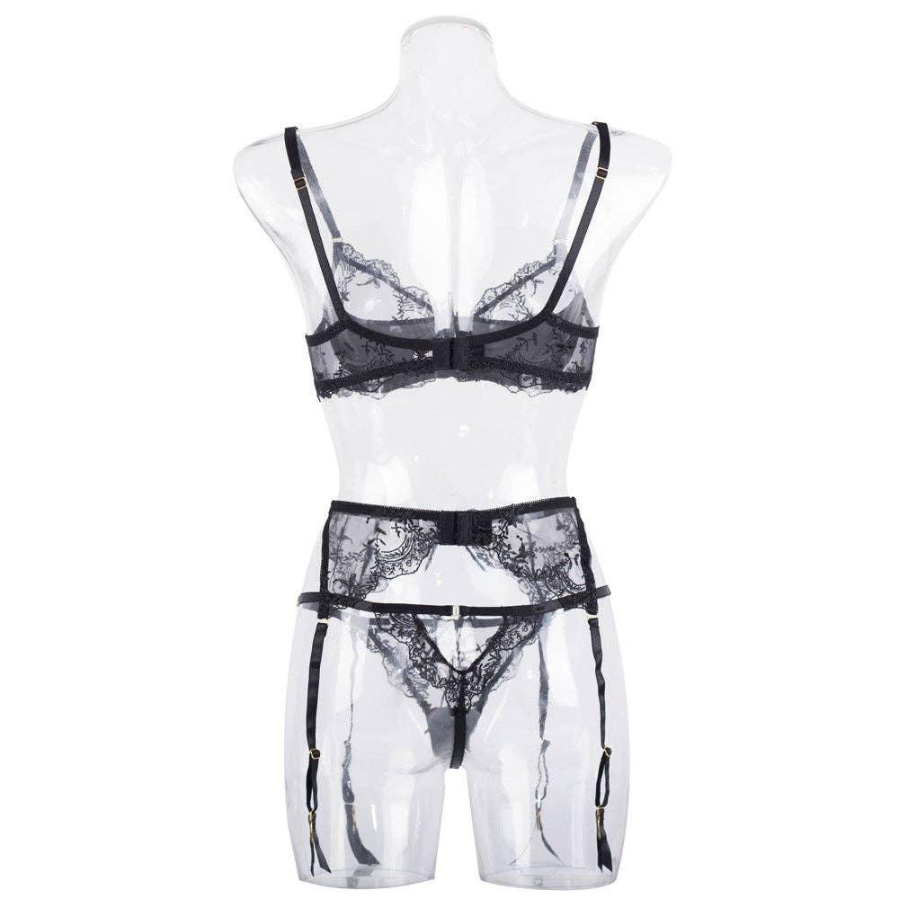 Sexy Embroidery Lingerie Set with Garter Belt CQX0523 - SWEETKAMA