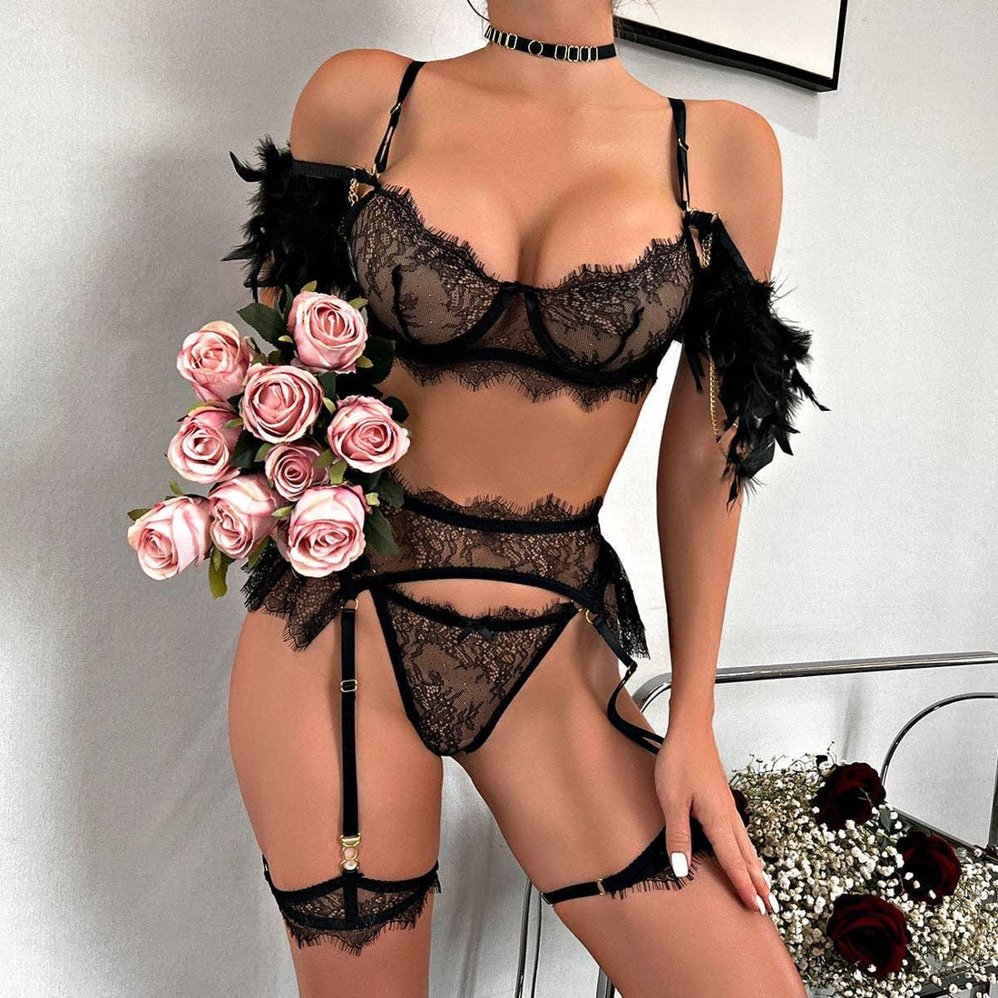 Sexy Lace Feather Lingerie Set with Garter Belt 2888 - SWEETKAMA