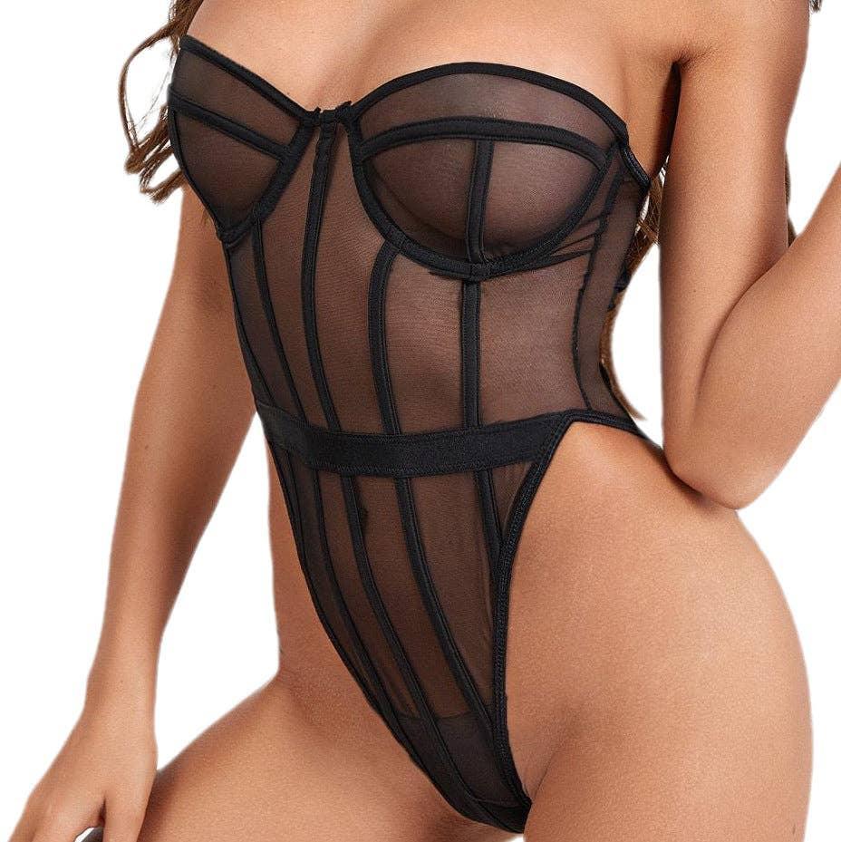 Sexy Solid Color See Sheer Back Hallow Out Teddy 0051 - SWEETKAMA