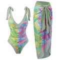 Shoulder Tie One Piece Swimsuit with Sarong Wrap Up Y116 - SWEETKAMA