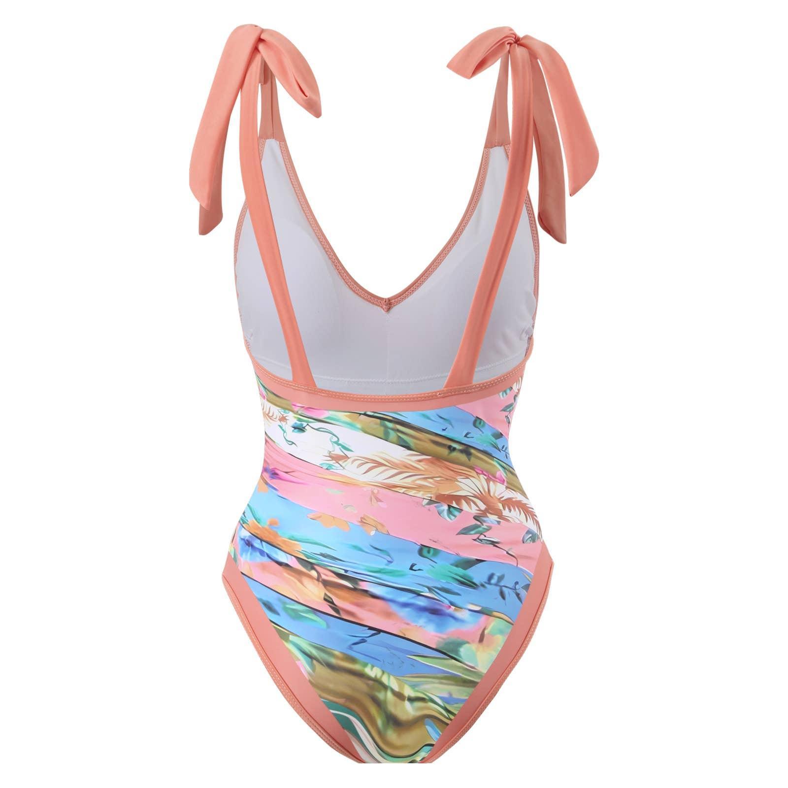 Shoulder Tie One Piece Swimsuit with Sarong Wrap Up Y116 - SWEETKAMA