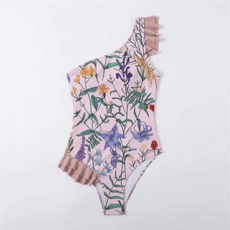 Single Ruffle Shoulder Flower Print One-piece Swimsuit Y58 - SWEETKAMA