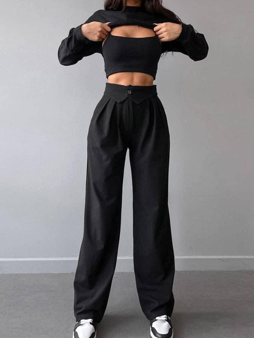 Solid Color High Waist Straight Leg Pants C-K2227 - SWEETKAMA