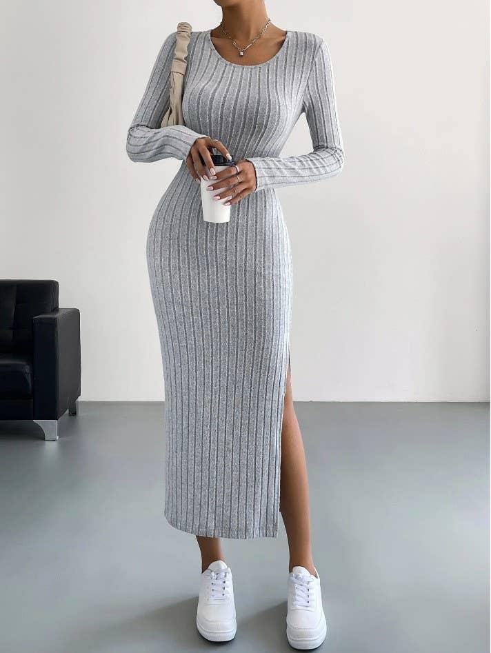 Solid Color Long Sleeves Round Neck Dress G1028 - SWEETKAMA