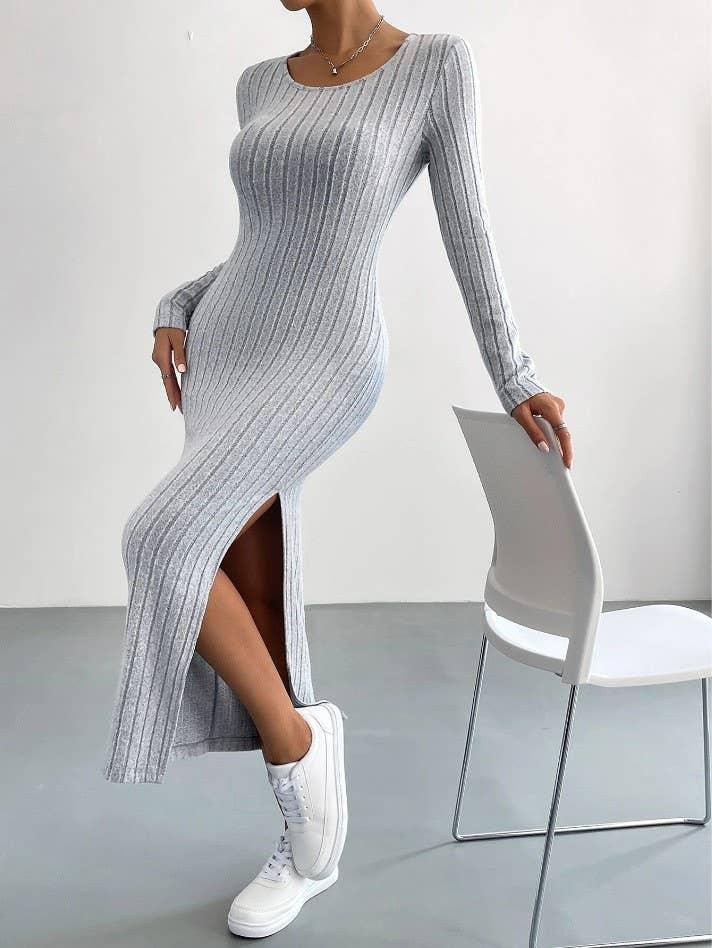 Solid Color Long Sleeves Round Neck Dress G1028 - SWEETKAMA