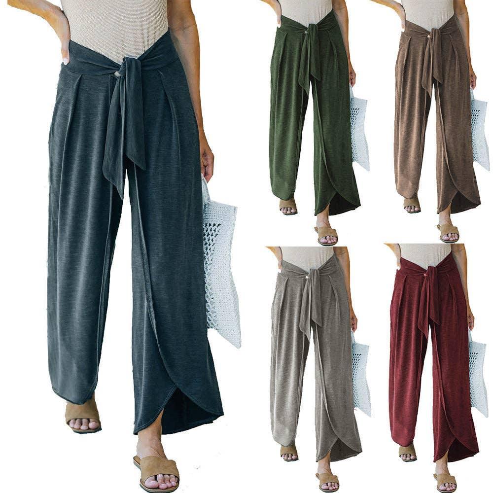 Solid Color Mid Waist Ladies Wide Leg Pants RX6601 - SWEETKAMA