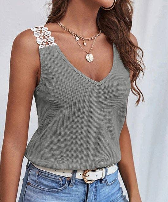 Solid Color Sleeveless V-Neck Ladies T-Shirt YC230528 - SWEETKAMA