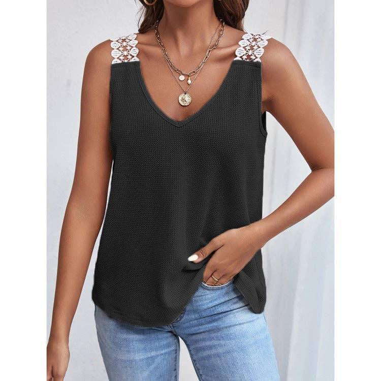 Solid Color Sleeveless V-Neck Ladies T-Shirt YC230528 - SWEETKAMA