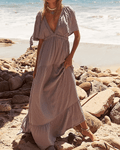 Solid Color V-Neck Backless Maxi Dress SKD153 - SWEETKAMA