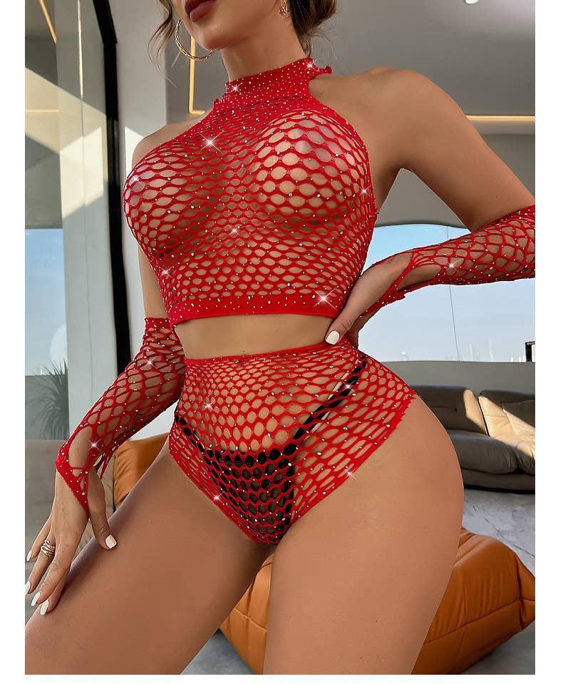 Sparkle Fishnet Off-Shoulder Bodystocking with Gloves T1039 Midie - SWEETKAMA