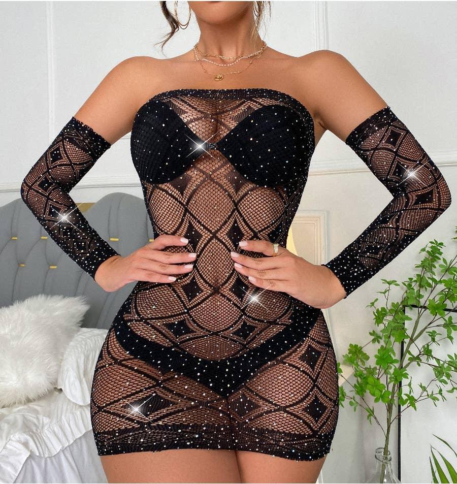 Sparkle Fishnet See Through Bodystocking Dress with Gloves TZ130 - SWEETKAMA