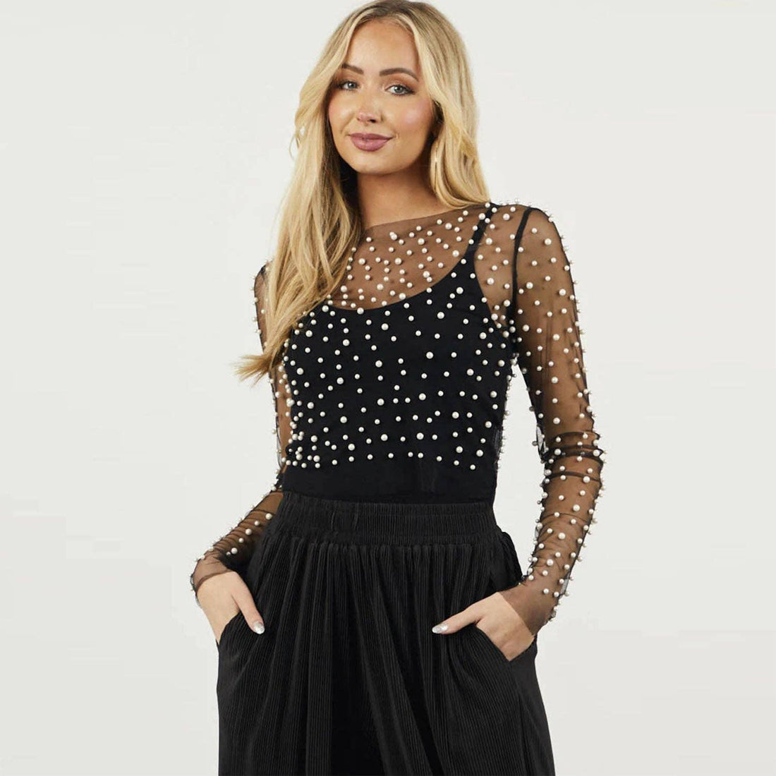 Sparkle Pearl Studded Sheer Mesh See Through Top SKT21069 - SWEETKAMA