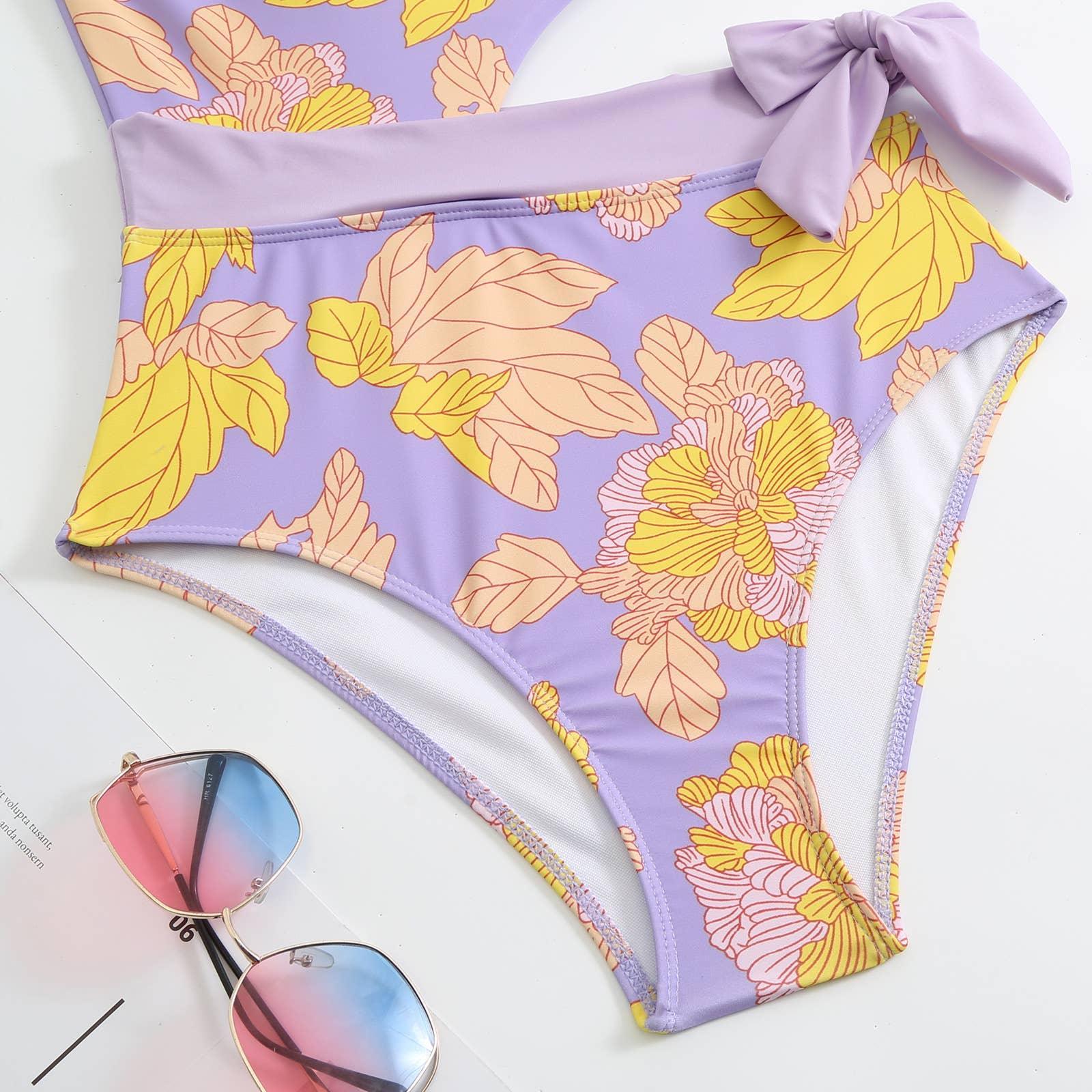 SW 2 PCS Flower Print Swimsuit Bikini Set with Cover Y88 - SWEETKAMA