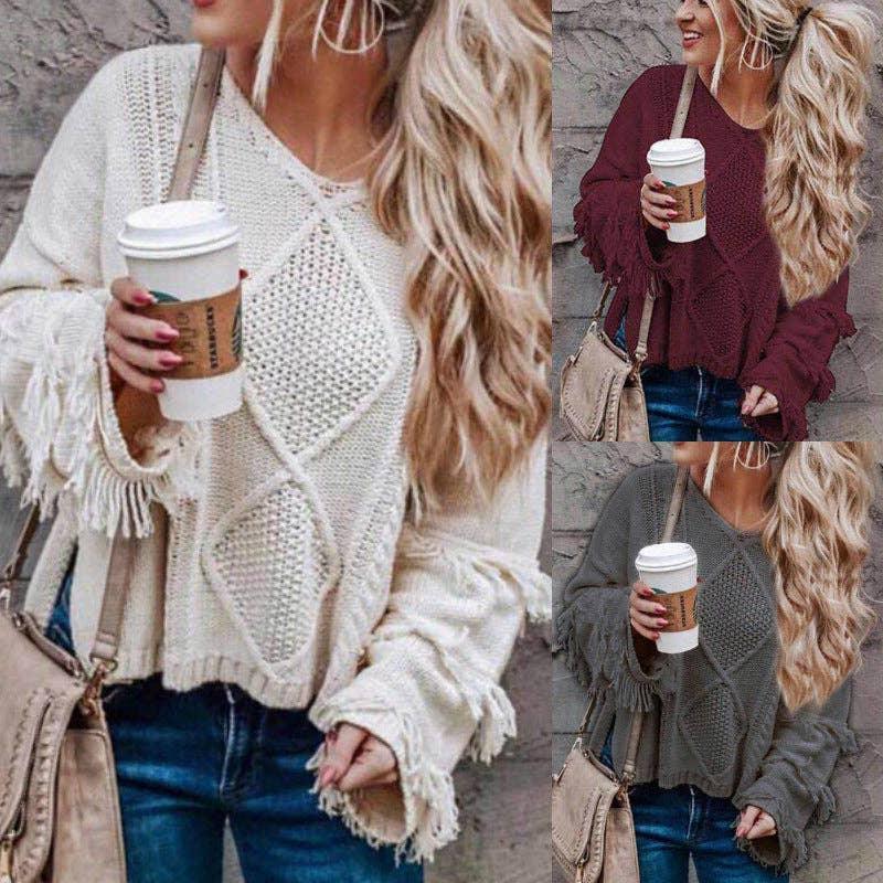 Tassels Solid Long Sleeves V-Neck Knit Top HC1213 - SWEETKAMA