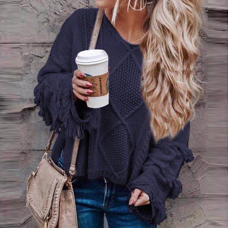 Tassels Solid Long Sleeves V-Neck Knit Top HC1213 - SWEETKAMA