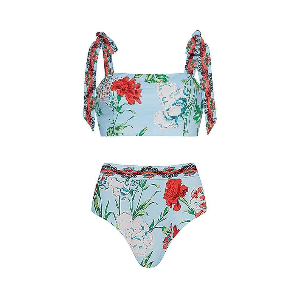 Two Shoulder Flower Print Bikini Swimsuit Set 2569 - SWEETKAMA