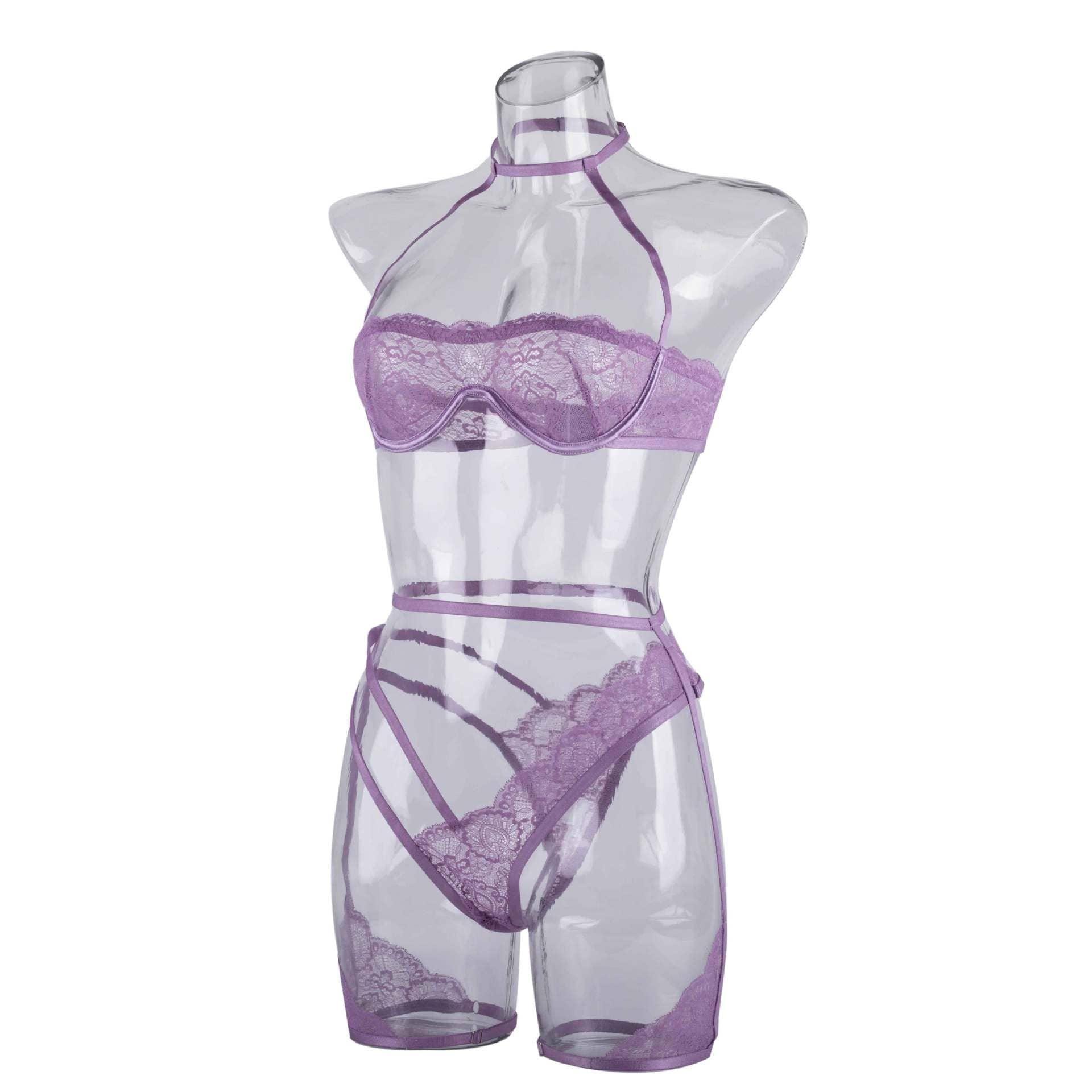 Violet Sexy Lace Lingerie Set with Garter Belt LS1399 - SWEETKAMA