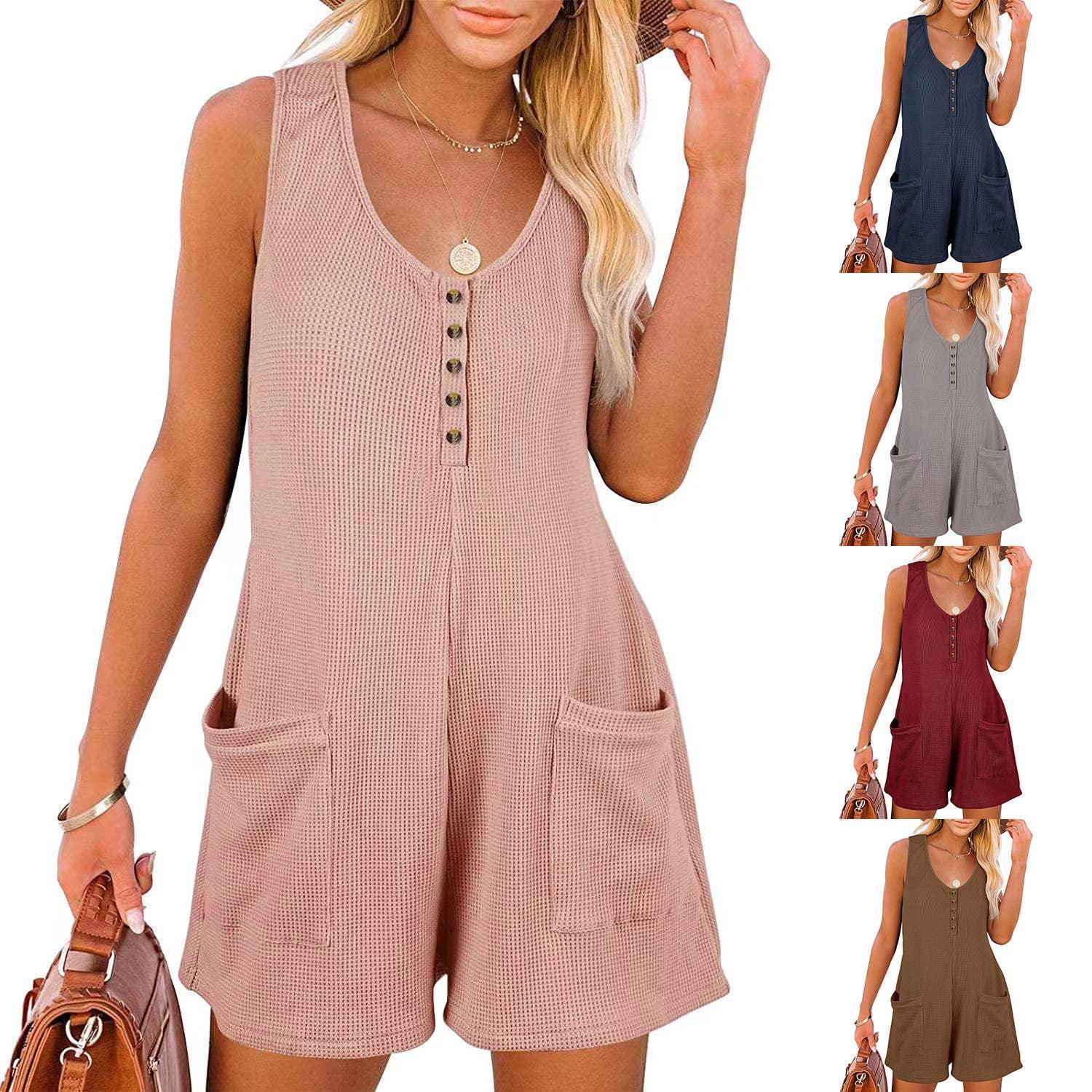 Waffle Two Shoulder Romper Sleeveless Jumpsuit SKJ23101 - SWEETKAMA