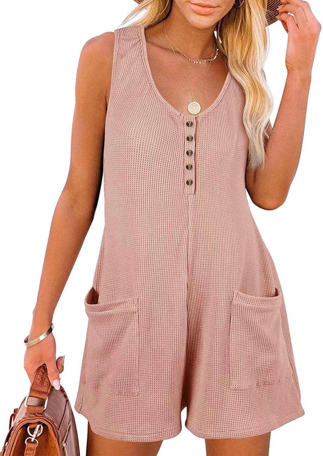 Waffle Two Shoulder Romper Sleeveless Jumpsuit SKJ23101 - SWEETKAMA