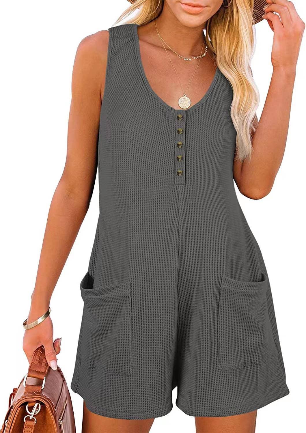 Waffle Two Shoulder Romper Sleeveless Jumpsuit SKJ23101 - SWEETKAMA