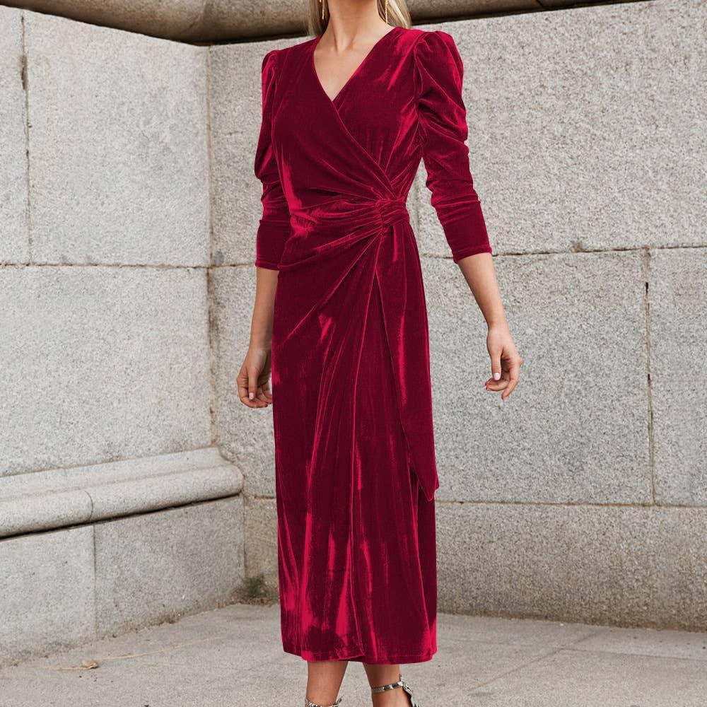 Waist Tie Velvet Solid Color Ladies Long Dress GQTC - SWEETKAMA