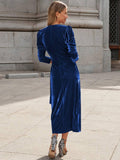 Waist Tie Velvet Solid Color Ladies Long Dress GQTC - SWEETKAMA