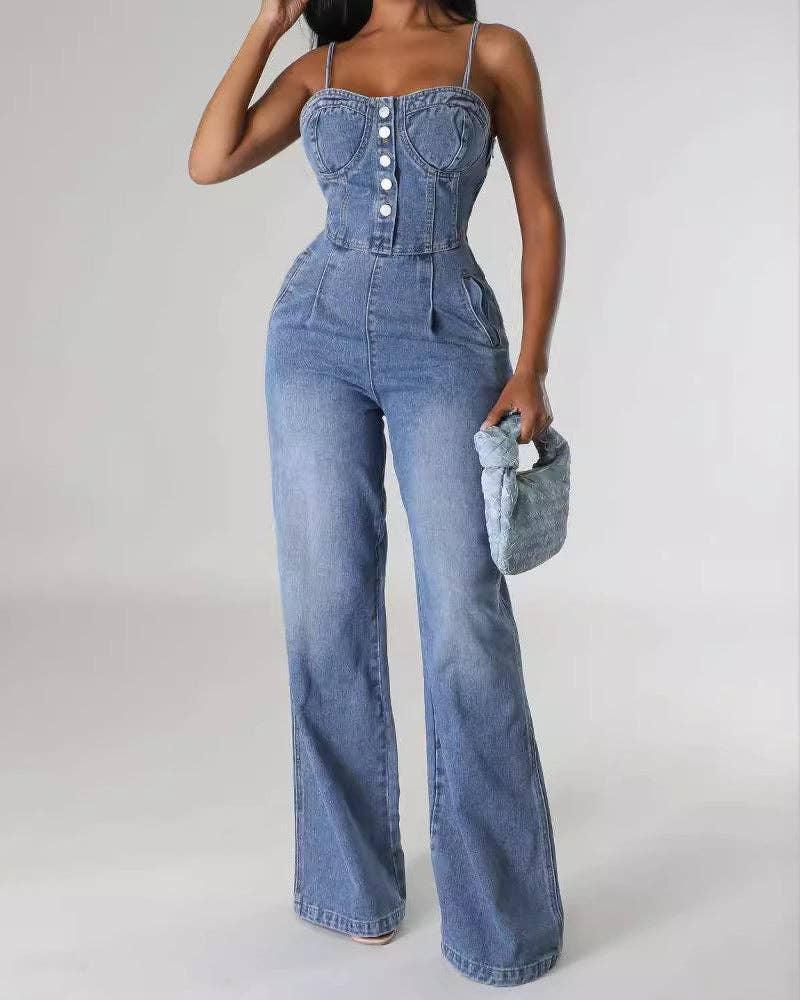 Washed Stretch Suspender Wide Leg Denim Jumpsuit 6012 - SWEETKAMA