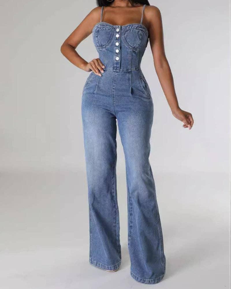 Washed Stretch Suspender Wide Leg Denim Jumpsuit 6012 - SWEETKAMA