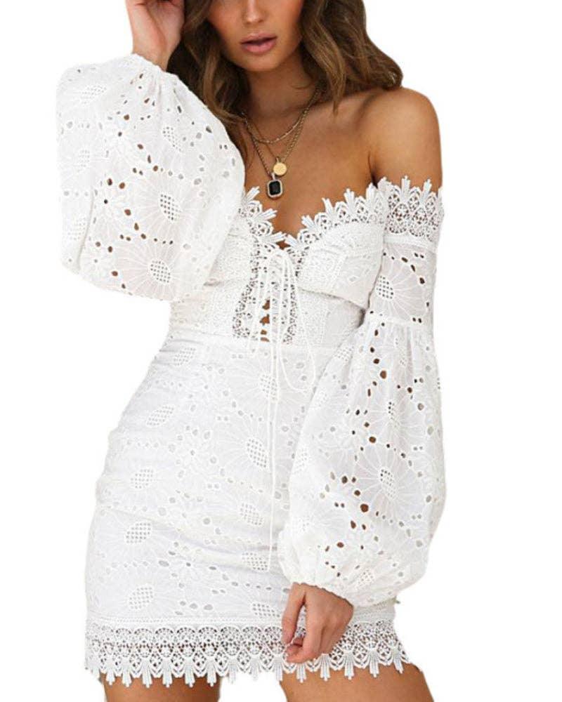 White Off Shoulder Lace Up Mini Dress SKD175 - SWEETKAMA