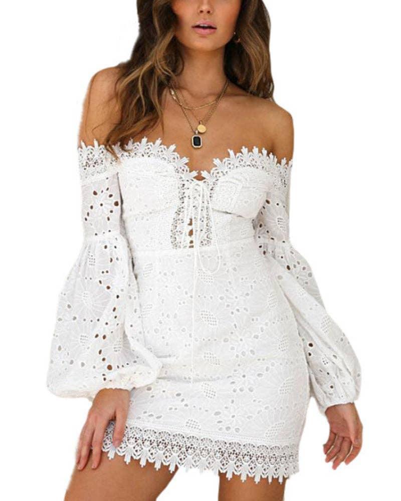 White Off Shoulder Lace Up Mini Dress SKD175 - SWEETKAMA