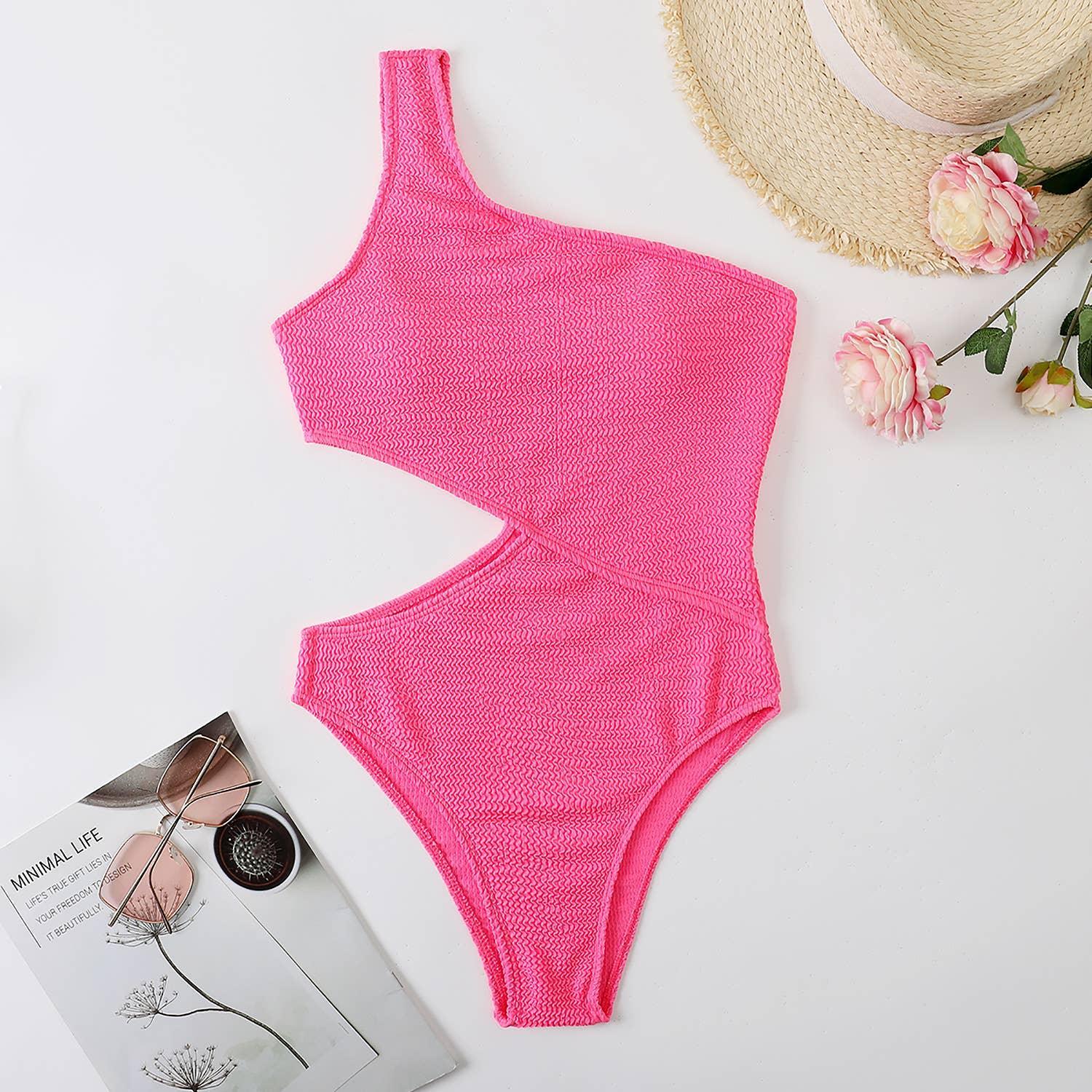 Wrinkle One Shoulder Waist Cut One Piece Swimwear Y26 - SWEETKAMA