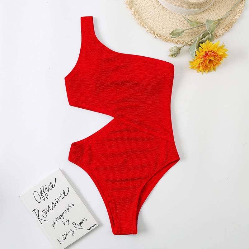 Wrinkle One Shoulder Waist Cut One Piece Swimwear Y26 - SWEETKAMA