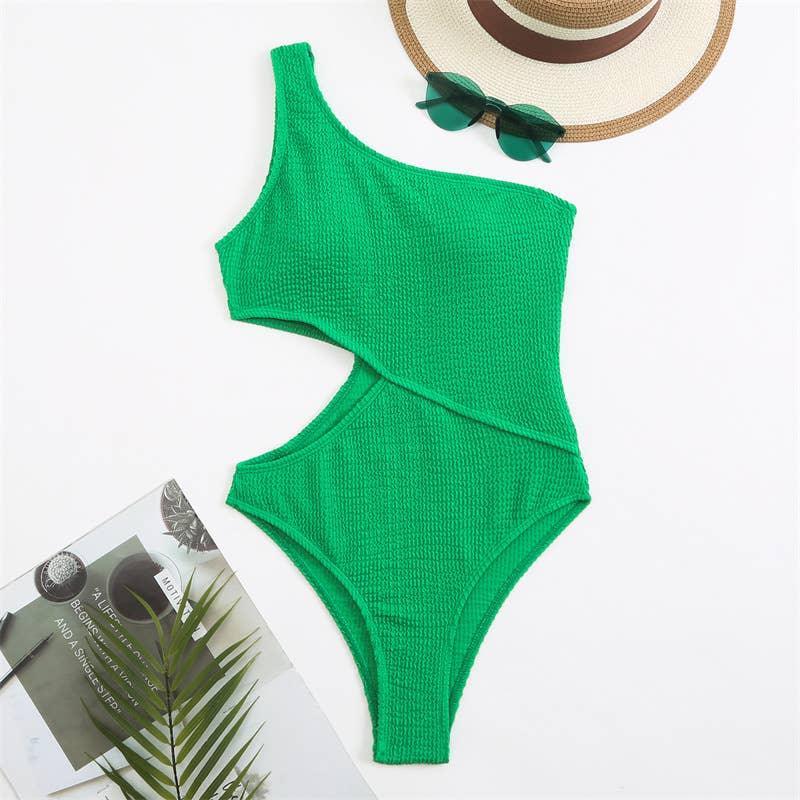 Wrinkle One Shoulder Waist Cut One Piece Swimwear Y26 - SWEETKAMA